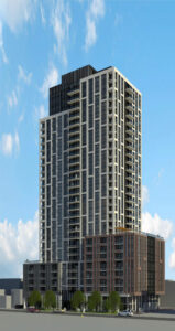 A rendering of the tower, Raglan House. This is a colour rendering. THe tower stand at about 30 storeys tall with an asymmetrical facade. The exterior looks like it primarily using concrete, brick and glass.